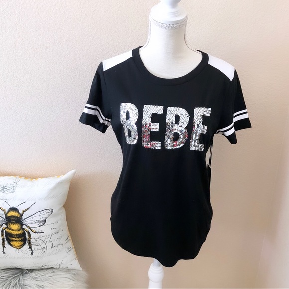 NWT Bebe Sport Top T-Shirt Logo Sequin Black med - Picture 1 of 6
